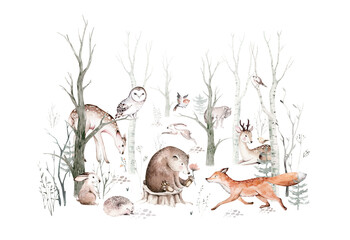 Gardinen Kinderzimmer Waldtiere eingestellt. Eule, Igel, Fuchs und Schmetterling, Hase-Set aus Waldeichhörnchen und Streifenhörnchen, Bären- und Vogelbaby, skandinavisches Kindergarten-Wolf-Aquarell-Kinderplakat-Design  © kris_art