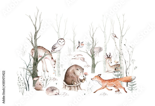 Zestaw zwierząt leśnych. Sowa, Jeż, lis i motyl, Bunny Rabbit zestaw wiewiórki leśnej i wiewiórki, niedźwiedź i ptak Baby Animal, skandynawski przedszkola wilk akwarela projekt plakatu dla dzieci
