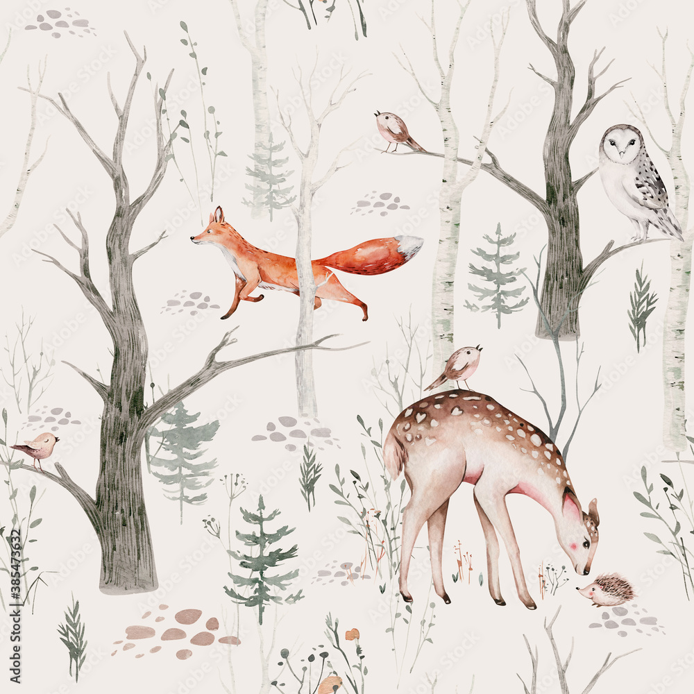 Watercolor Woodland animal Scandinavian seamless pattern. Fabric wallpaper background with Owl, hedgehog, fox and butterfly, rabbit forest squirrel and chipmunk, bear and bird baby animal, - obrazy, fototapety, plakaty 