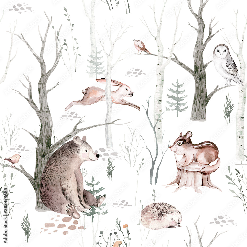 Fototapeta Watercolor Woodland animal Scandinavian seamless pattern. Fabric wallpaper background with Owl, hedgehog, fox and butterfly, rabbit forest squirrel and chipmunk, bear and bird baby animal,