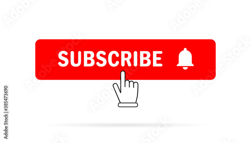 Subscribe, bell button and hand cursor. Red button subscribe to channel, blog. Social media background.