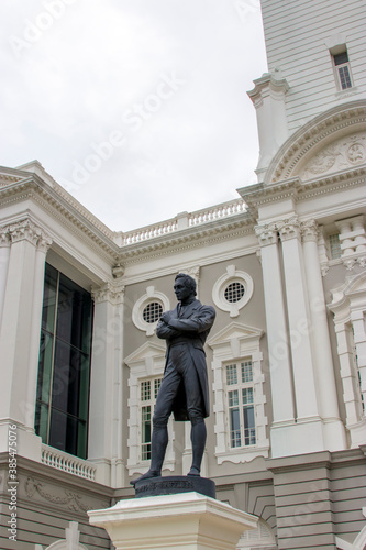 The Stamford Raffles statue in front of the Victoria Memorial Hall and Theatre, sculpted by Thomas Woolner, is a popular icon of Singapore. The statue survived World War II unscathed 