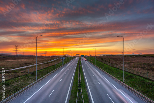 Amazing sunset over the Tricity beltway. Poland