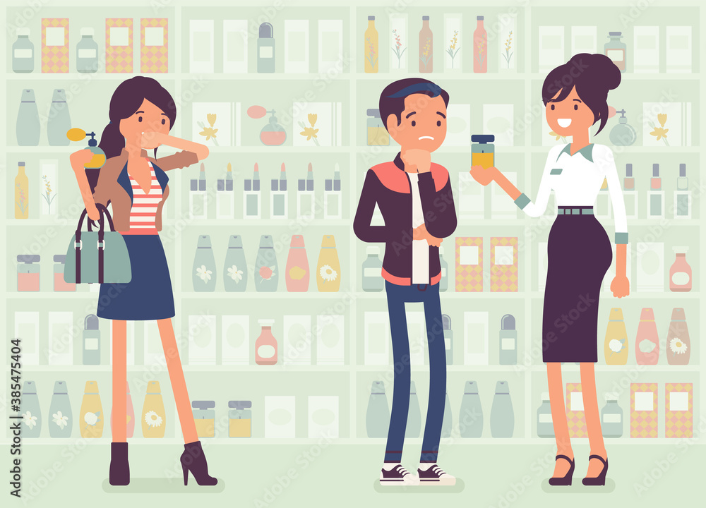 Fototapeta premium Choosing perfume, finding fragrance in a store with female sales assistant. Man puzzled with sample scents. Vector creative stylized illustration, beauty product shelf display background, full length