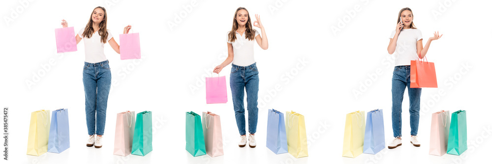 collage of joyful woman talking on smartphone and showing ok sign near shopping bags isolated on white
