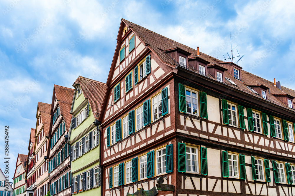 Colorful half-timbered houses in the main square, Market Place, Am Markt in the old town of Tübingen, Baden-Württemberg, Germany