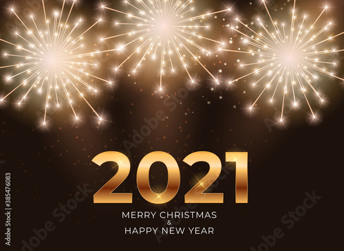 2021 New Year and Merry Christmas Background with Glossy Fireworks. Vector Il...