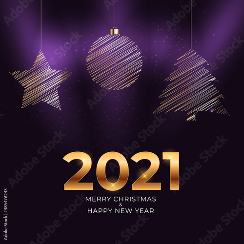 2021 New Year and Merry Christmas Background with Glossy Fireworks. Vector Il...