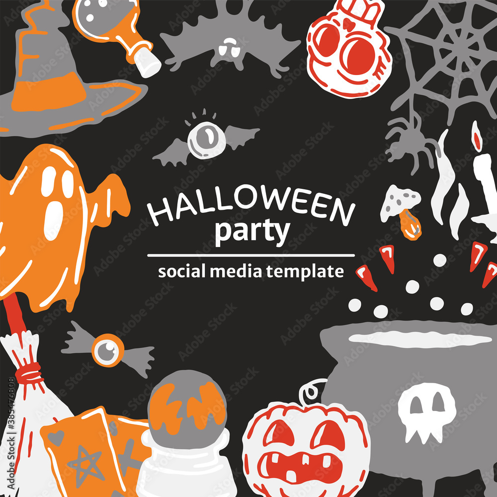 Fototapeta premium Halloween party set of magic elements. Magic hat, bat, skull, candle, pumpkin, magic ball, playing cards, ghost, snake, mushroom, poison,, knife, web, spider, eye, bone, magic book,, candle
