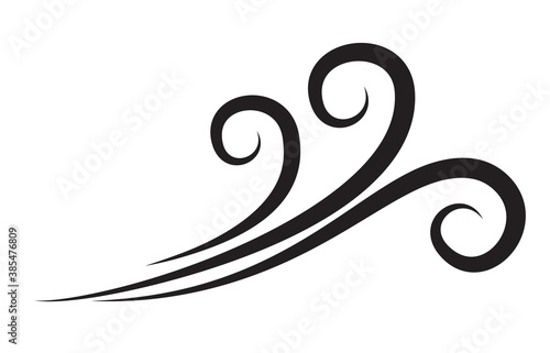 Wind blowing symbol. Twirl air blow icon. Autumnal weather swirl vector shape isolated on white. Windy ornamental silhouette. Blast of fan, dryer, breath,  steam or breeze vector illustration.