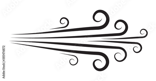 Blowing wind doodle icon. Hand-drawn clipart of air symbol isolated on white. Ornamental line motion. Curve of flow dust. Cartoon power blast. Decorative element of autumnal weather sign.