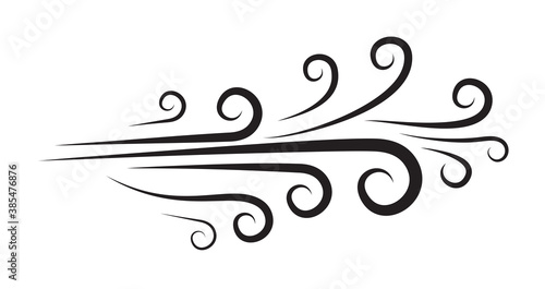 Wind icon. Blow, blast doodle. Blowing air hand-drawn clipart isolated on white. Spiral ornamental line. Curve symbol of flow dust. Cartoon element of motion power. Decorative fly swirl drawing.