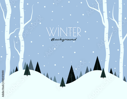 White tree forest background and snowing for winter season concept. Hand drawn isolated illustrations.