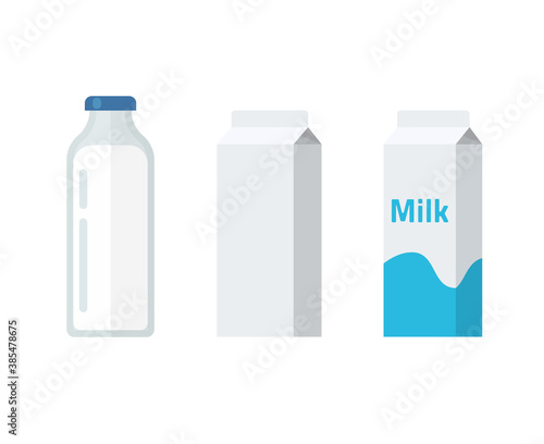 Milk bottle and carton package box vector flat cartoon illustration, dairy products package blank empty template isolated clipart