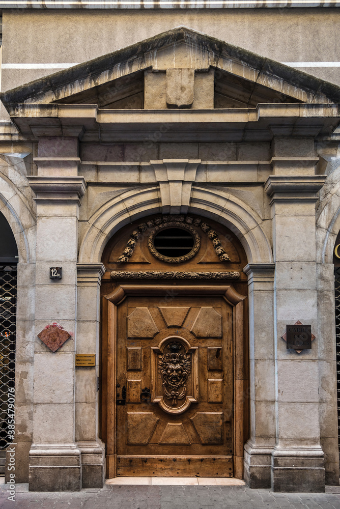 Old Carved Wooden Door in Grenoble Town