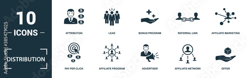 Distribution icon set. Monochrome sign collection with pay per click, affiliate program, advertiser, affiliate network and over icons. Distribution elements set.