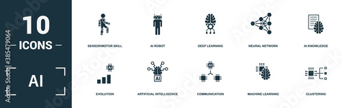Ai icon set. Monochrome sign collection with evolution, artificial intelligence, communication, machine learning and over icons. Ai elements set.