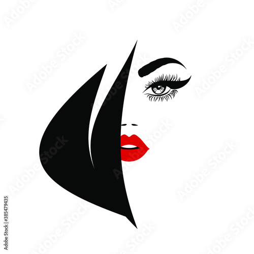 Beautiful woman face with black lips, lush eyelashes, hand with black manicure nails, black hair, stylish hairstyle. Beauty Logo. Nail art studio. Wallpaper background. Vector illustration.