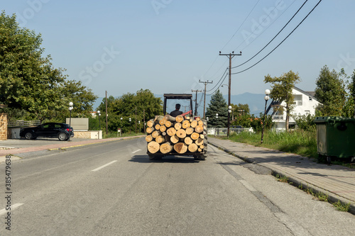 Fototapeta Naklejka Na Ścianę i Meble -  Tractor transports huge tree trunks along a rural street