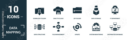 Data Mapping icon set. Monochrome sign collection with data structure, file management, update, system monitoring and over icons. Data Mapping elements set.