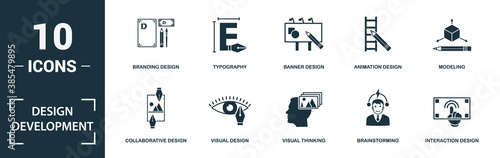 Design Development icon set. Monochrome sign collection with collaborative design, visual design, visual thinking, brainstorming and over icons. Design Development elements set.