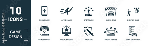 Game Design icon set. Monochrome sign collection with game concept, visual effects, rpg game, create visuals and over icons. Game Design elements set.