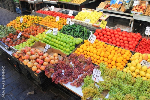 Vegetables and fruits for sale at street market in Athens, Greece, October 9 2020.