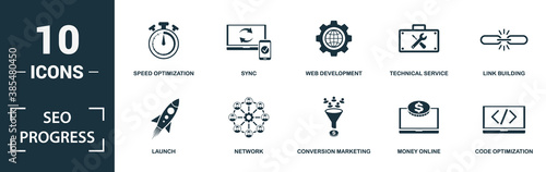Seo Progress icon set. Monochrome sign collection with launch, network, conversion marketing, money online and over icons. Seo Progress elements set.
