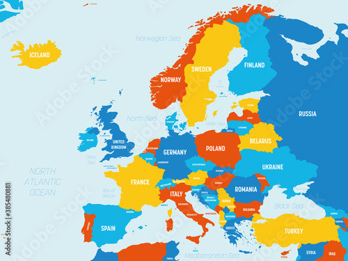 Europe map - 4 bright color scheme. High detailed political map of european continent with country, ocean and sea names labeling