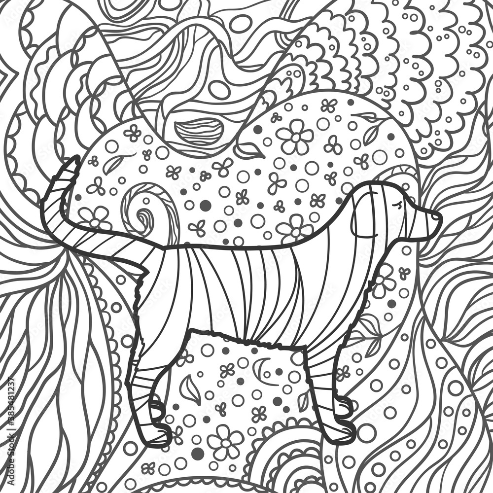 Square ornate pattern with dog. Hand drawn patterned background. Black and white illustration