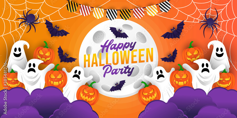 Fototapeta premium Halloween background vector illustration design template. Decorative Halloween vector background in trendy cartoon style. Happy Halloween banner, poster, greeting card or party invitation background