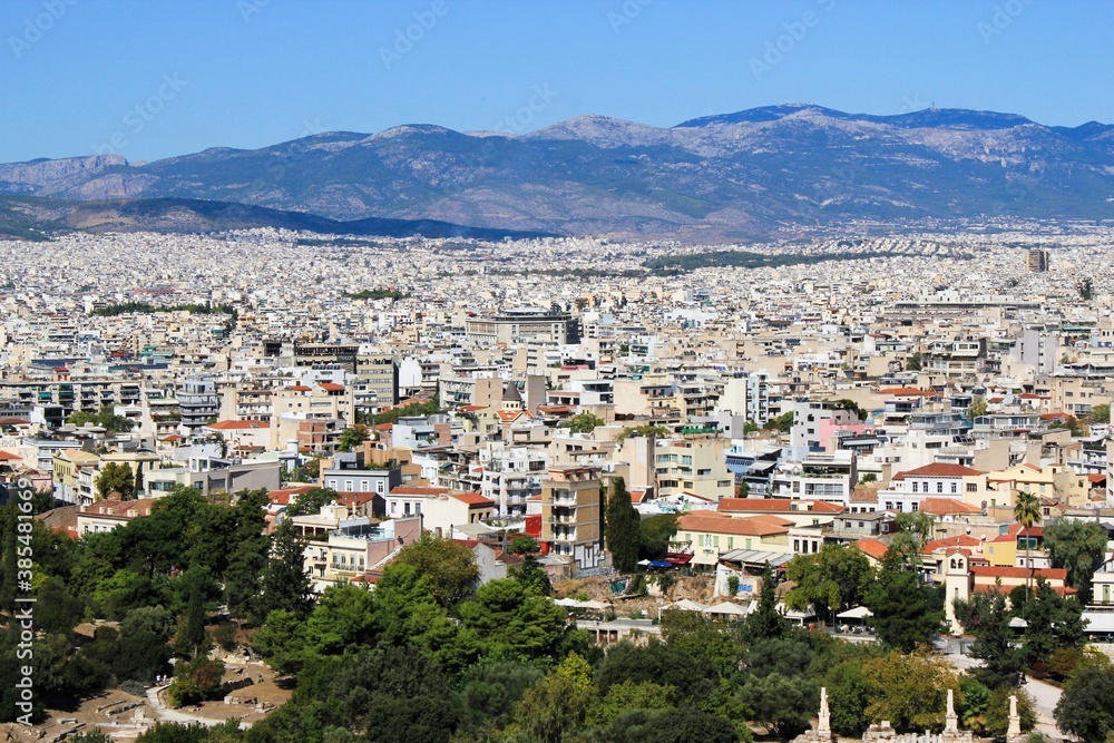 View of Athens city from Areopagus hill in Athens, Greece, October 9 2020.