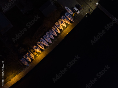 Aerial evening view top down view of marina in Rajgrod, Poland photo