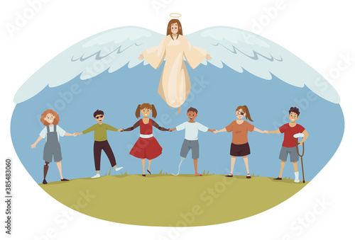 Protection, disability, support, religion, christianity concept. Angel biblical religious character protecting young happy handicapped injured disabled people children kids. Divine help healthcare.