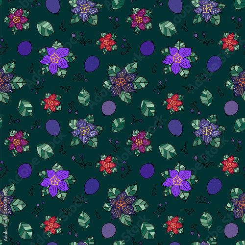 Passion Fruit and Flowers on dark turquoise
