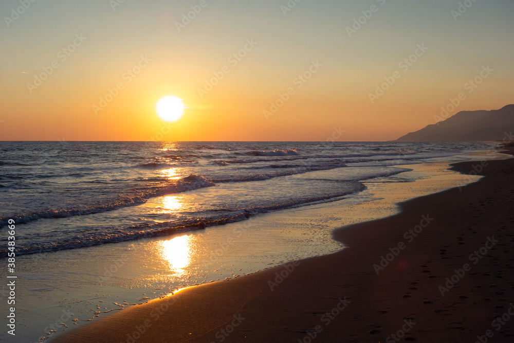 Mediterranean sunset on Patara beach, Mugla Province in Turkey.