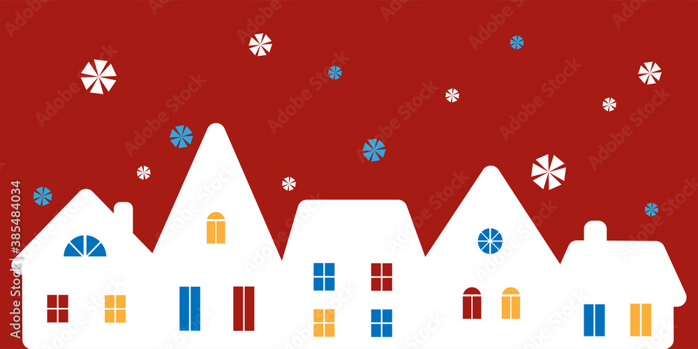 Creative Christmas banner with fairy city landscape. White silhouettes of tiny houses with colorful lit windows and snowflakes on red background. Decorative design for greeting cards, banners, prints
