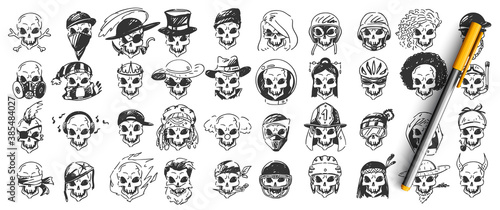 Skulls doodle set. Collection of hand drawn sketches templates patterns of dead human skeletons head bone with various hats in raw on white background. Halloween symbol illustration