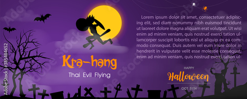 Thai evil spirit with the name's "Kra-hang" and example texts on full moon, silhouette graveyard and fog scene purple background.