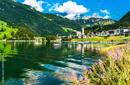 Reschen am See or Resia, a village on Lake Reschen in South Tyrol, Italian Alps