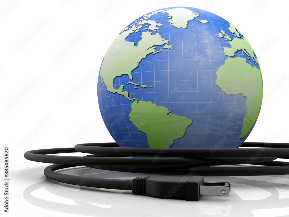 3d rendering electric plug with wire near globe 3d rendering electric plug with wire near globe