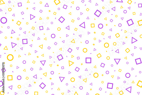 Geometric pattern abstract memphis style design with purple and yellow color triangles, squares and circles. Graphic design geometric vector pattern. Seamless geometry figure shapes, abstract vector
