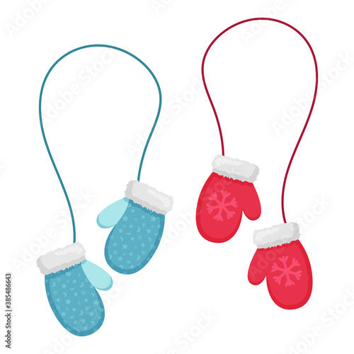Set of red and blue mittens with fur and pattern. Mittens with elastic band in a flat style. Decorative element in a flat style for Christmas design. Isolated on a white background