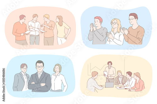 Success, business, leadership, coworking, meeting, partnership, brainstorming, communication, teamwork set. Teams of businessmen women coworkers managers working together in office planning strategy.