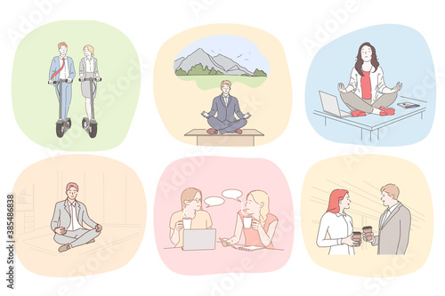 Recreation, business, meditation, communication set concept. Collection of businesspeople men women clerks managers taking on coffee break together practicing yoga and chatting in cafe illustration.