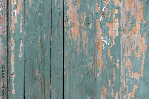 The surface of old wooden planks with peeling green paint. © Сергей Рамильцев
