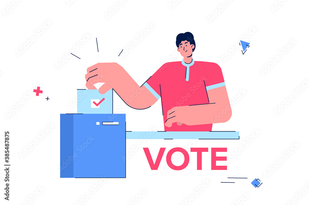 A man votes at a polling station. A young man throws a piece of paper with his vote into the ballot box. A man votes at a polling station. A young man throws a piece of paper with his vote into the ballot box.