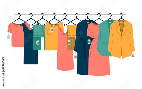 clothes hanging on railing hangers with tags and QR code isolated on white background