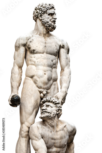 Marble statue of Hercules and Cacus isolated on white background, by Baccio Bandinelli (1493-1560), Piazza della Signoria, Florence, Tuscany, Italy, Europe.
