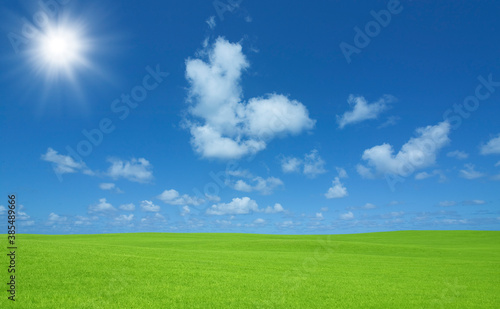 緑の草原と雲と太陽